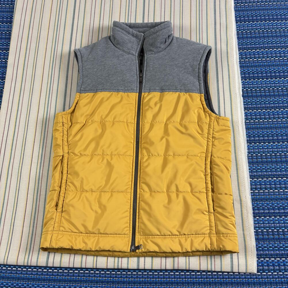 Banana Republic Vest Mens Medium Yellow Gray Quilted Puffer Full Zip Outdoor